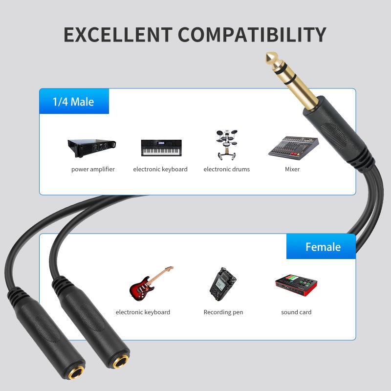 SiYear 6.35mm 1/4 inch Male Plug Stereo to 2 Dual 1/4 "TRS Female Jack Connector Audio Speaker Cable, Y Splitter Adapter Cable (20CM / 8Inch) - Image 4